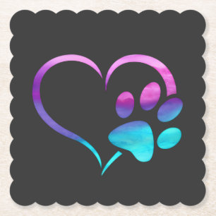 Purple Cyan Dog paw Print Heart Paper Coaster
