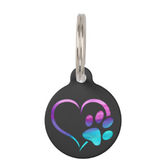 Purple Cyan Dog paw Print Heart Pet Tag