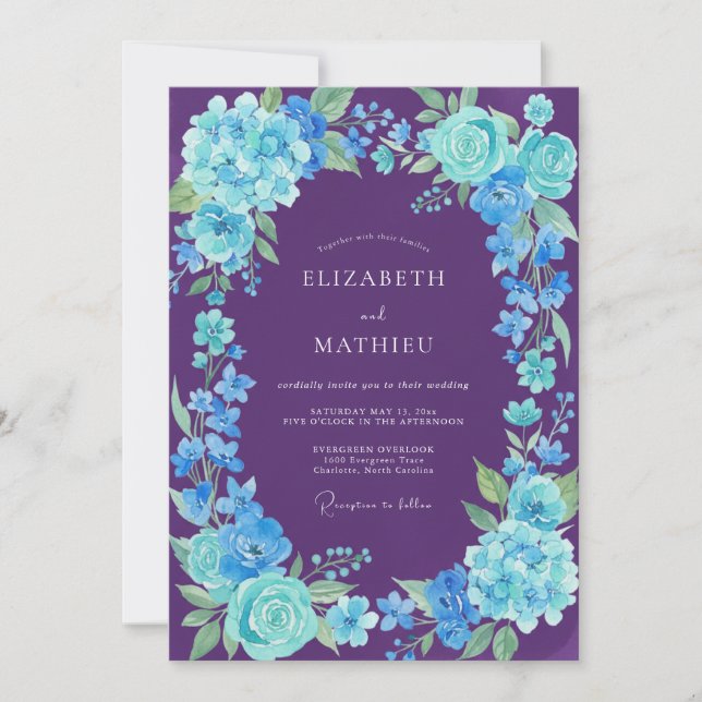 Purple Cyan Hydrangea Eucalyptus Wedding Invitation (Front)