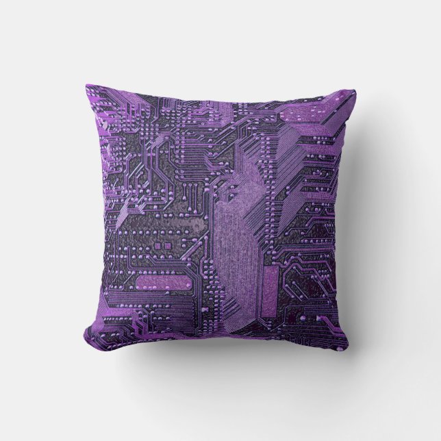 Purple Cyber Circuit Board Tech Art Electronics Cushion (Front)