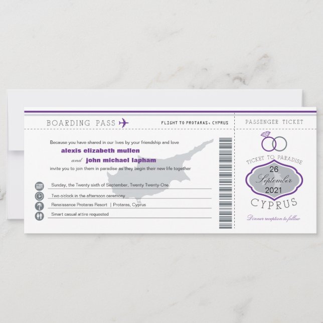 Purple Cyprus Boarding Pass Wedding Invitation (Front)