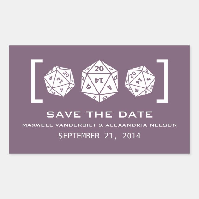 Purple D20 Dice Gamer Save the Date Stickers (Front)