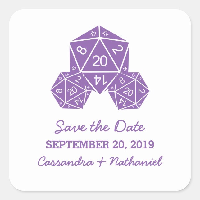 Purple D20 Dice Save the Date Stickers (Front)
