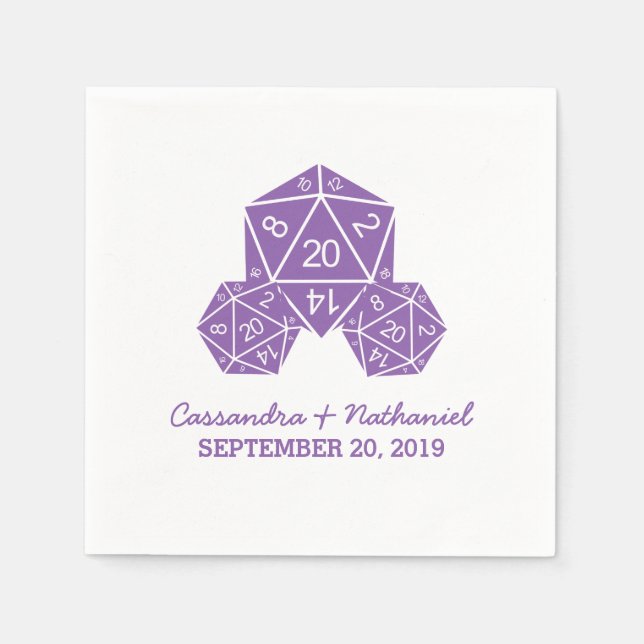 Purple D20 Dice Wedding Paper Napkins (Front)