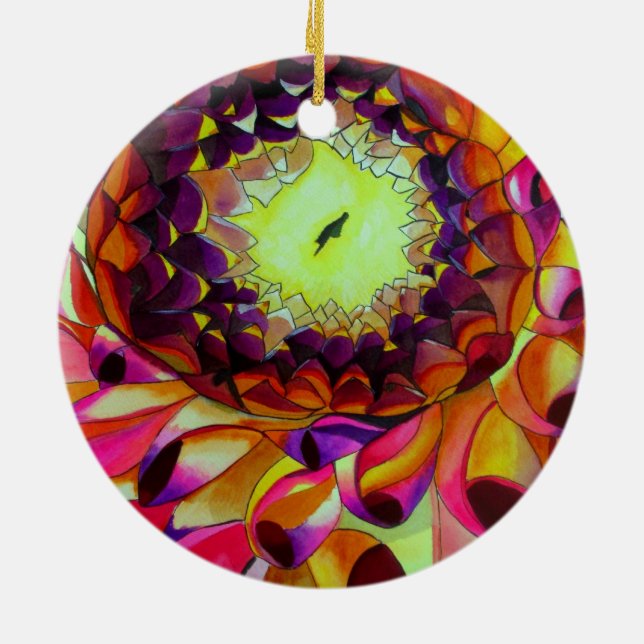 Purple Dahlia abstract original flower art Ceramic Ornament (Back)