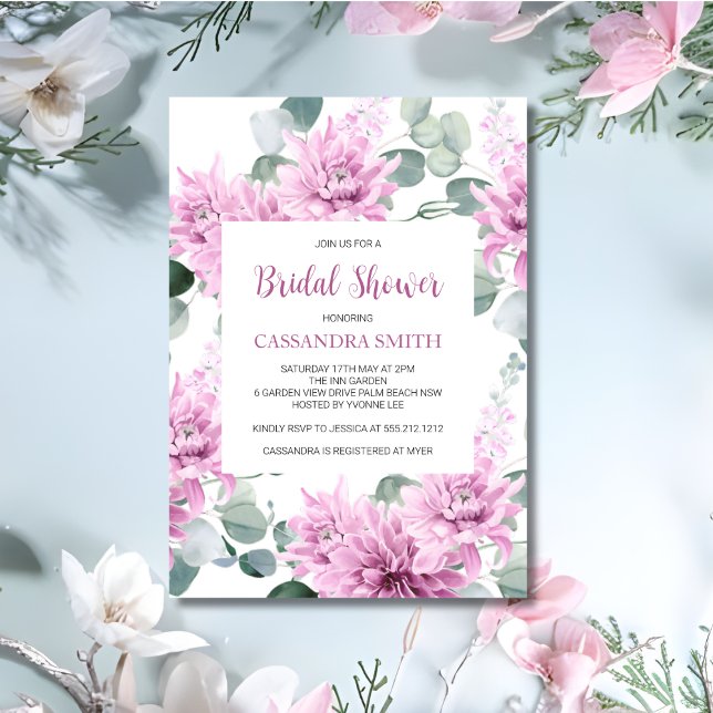 Purple Dahlia Eucalyptus Botanical Bridal Shower  Invitation (Creator Uploaded)