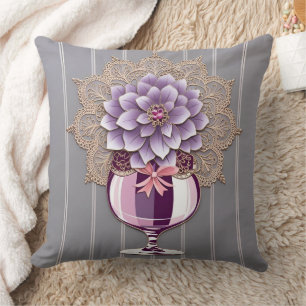 Purple Dahlia Vase Vintage Lace Newlywed Cushion
