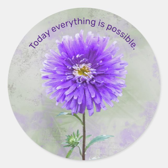 Purple Dahlia Watercolor with Quote Classic Round Sticker (Front)