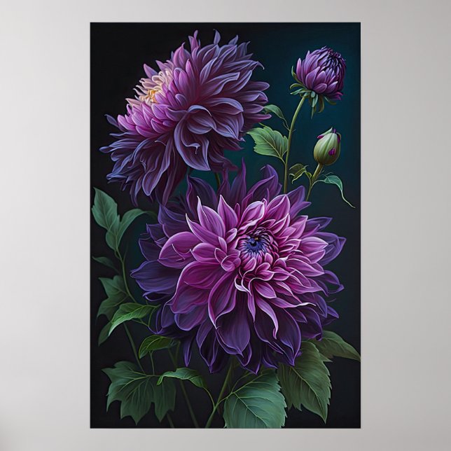 Purple Dahlias Flower Art Print Poster (Front)