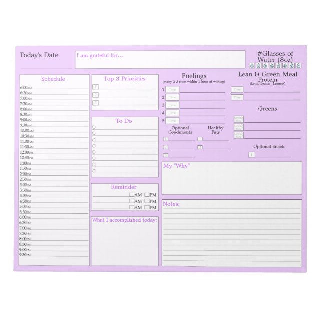 Purple | Daily Planner | 5 and 1 Food Journal Notepad (Front)