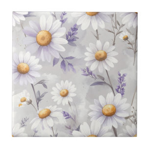 Purple Daisies and Violet Leaves on Ivory Ceramic Tile