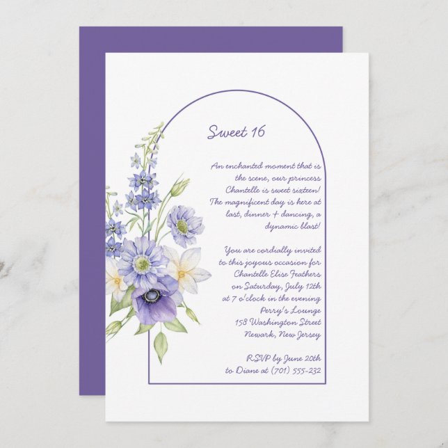 Purple Daisies, Anemones, Floral Arch Sweet 16 Invitation (Front/Back)