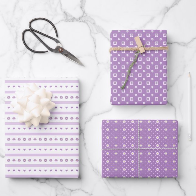 Purple Daisies, Dots, and Hearts Wrapping Paper (Front)