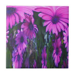Purple Daisies Floral Abstract Art Ceramic Tile