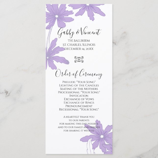Purple Daisies on White Wedding Program (Front)