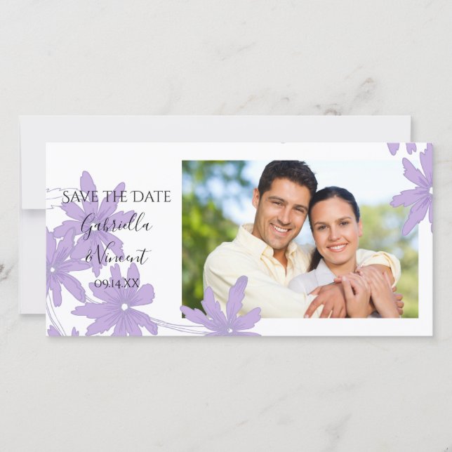 Purple Daisies on White Wedding Save the Date (Front)