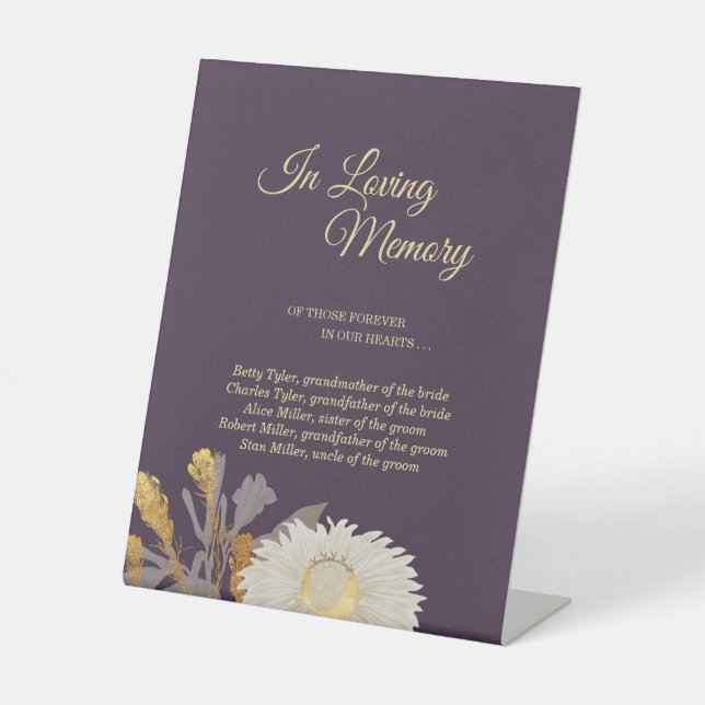 Purple Daisy Antique Wedding In Loving Memory Pedestal Sign (Front)