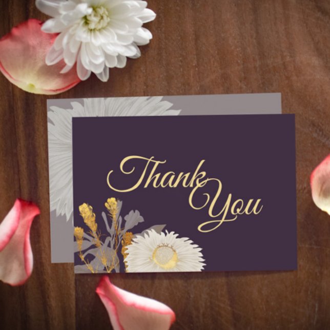 Purple Daisy Antique Wedding Thank You Flat Card (Creator Uploaded)