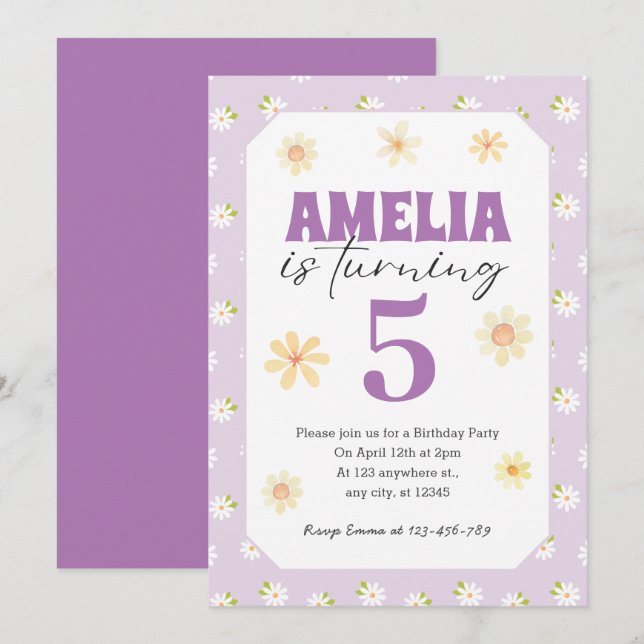 Purple Daisy Birthday Party Invitation Any Age (Front/Back)