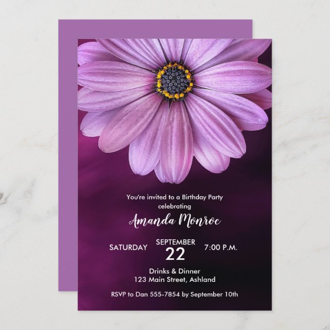Purple Daisy Birthday Party Invitations (Front/Back)