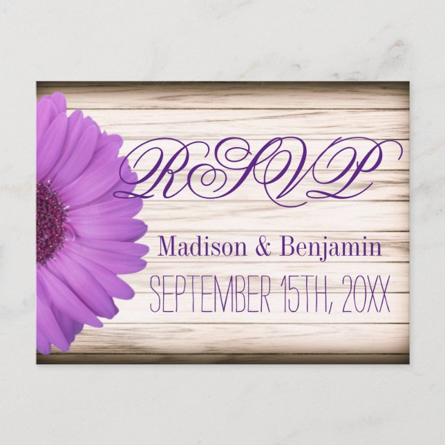 Purple Daisy Country Rustic Wood RSVP POSTCARDS (Front)