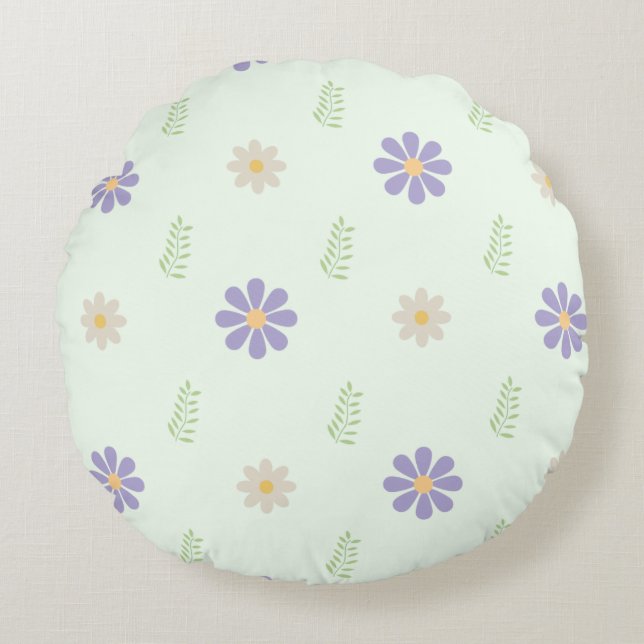 Purple Daisy & Fern Sprig Pattern Round Cushion (Front)