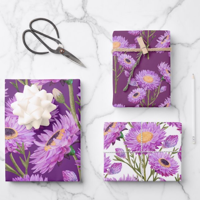 Purple Daisy Floral Blooms  Wrapping Paper Sheet (Front)