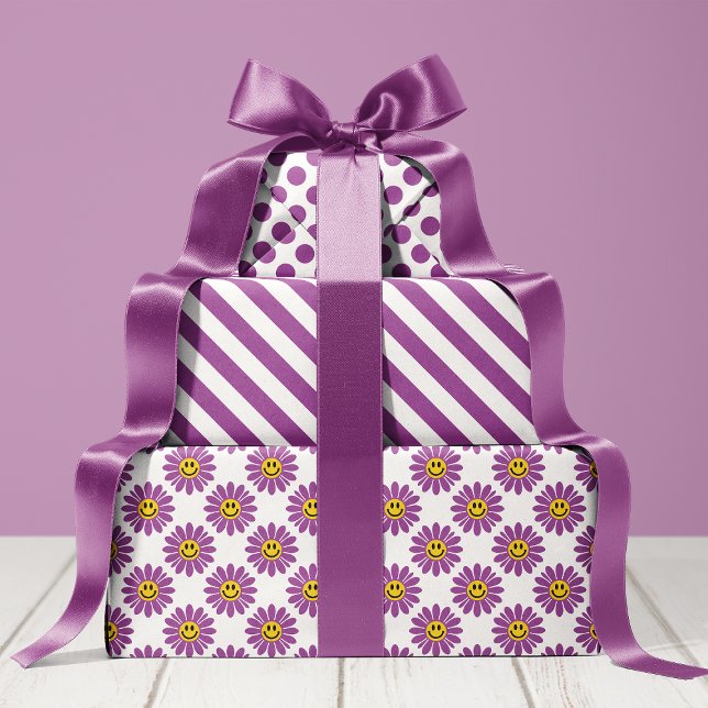 Purple Daisy Floral Stripes Polka Dot Wrapping Paper Sheet (Creator Uploaded)