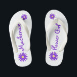 Purple Daisy Flower Girl Kid's Thongs<br><div class="desc">Bold and fun purple daisy and text design for your flower girl.  Personalise with a name or change text to suit your needs.</div>
