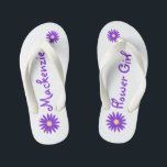 Purple Daisy Flower Girl Kid's Thongs<br><div class="desc">Bold and fun purple daisy and text design for your flower girl.  Personalise with a name or change text to suit your needs.</div>