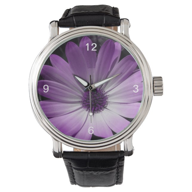 Purple Daisy Flower Vintage Watch with Numbers (Front)