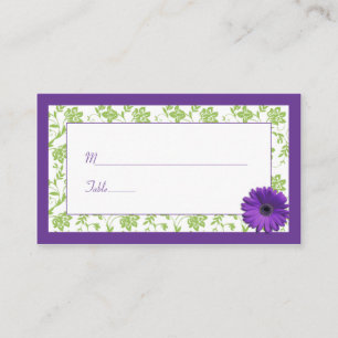 Purple Daisy Green Damask Wedding Place Cards
