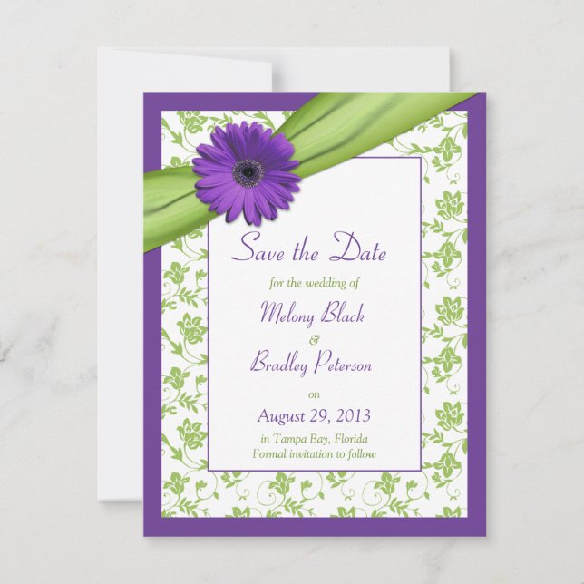 Purple Daisy Green Floral Damask Save the Date (Front)