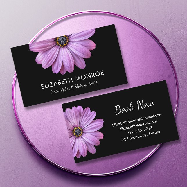 Purple Daisy on Black Hair Stylist Makeup Salon Business Card (Creator Uploaded)