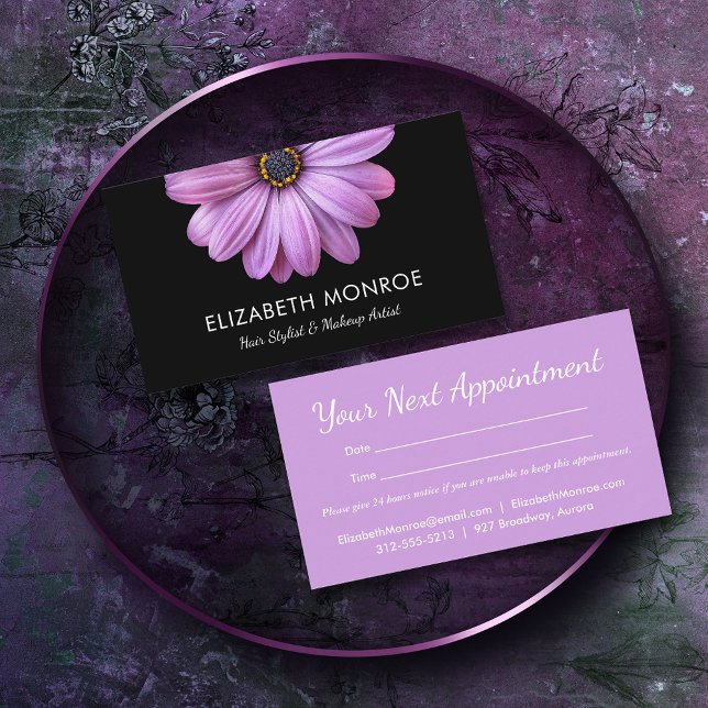 Purple Daisy on Black Salon Hair Stylist Appointment Card (Creator Uploaded)