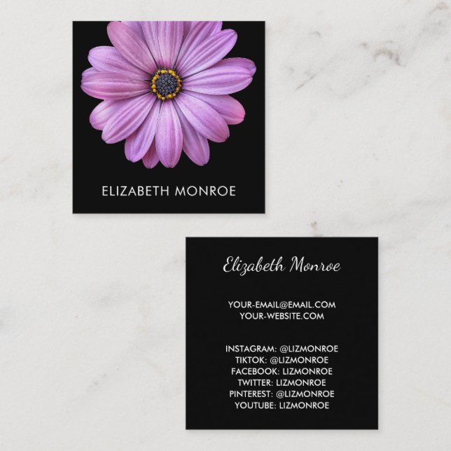 Purple Daisy on Black Square Calling Card (Front/Back)