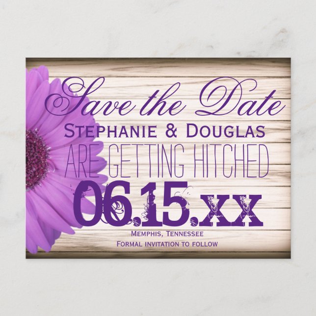 Purple Daisy Rustic Wood Save the Date Postcards (Front)