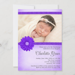 Purple Daisy Sparkle Photo Baptism Christening Invitation