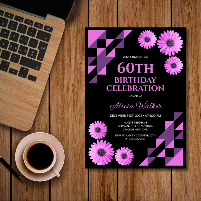 Purple Daisy Triangle Geometric Black Birthday  Invitation (Creator Uploaded)
