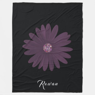 Purple daisy with glitter on black fleece blanket