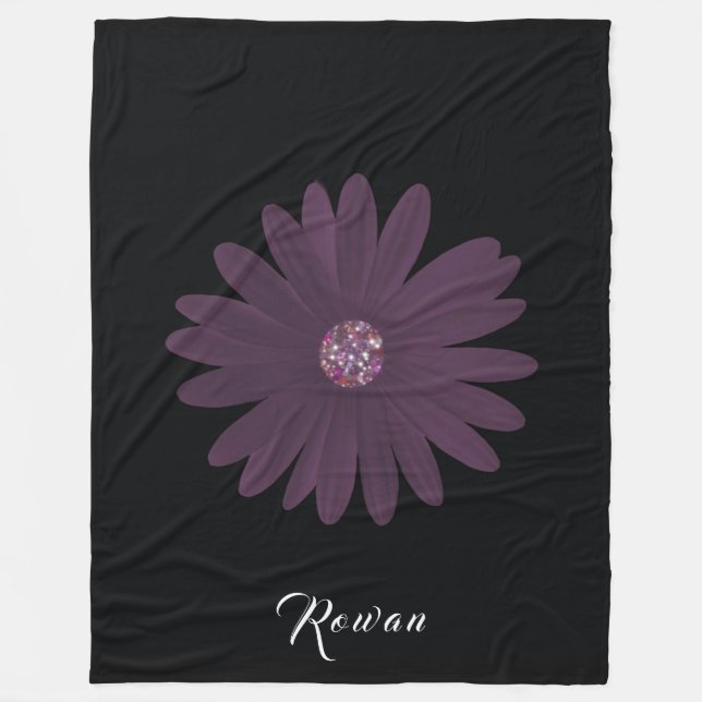 Purple daisy with glitter on black fleece blanket (Front)