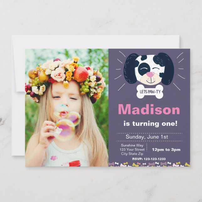 Purple Dalmatian Birthday Invitation with Photo (Front)