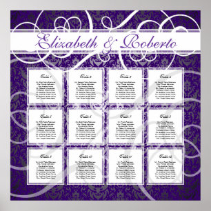 Purple Damask 12 Table Wedding Seating Plan Chart
