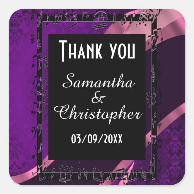 Purple damask and black thank you square sticker (Front)