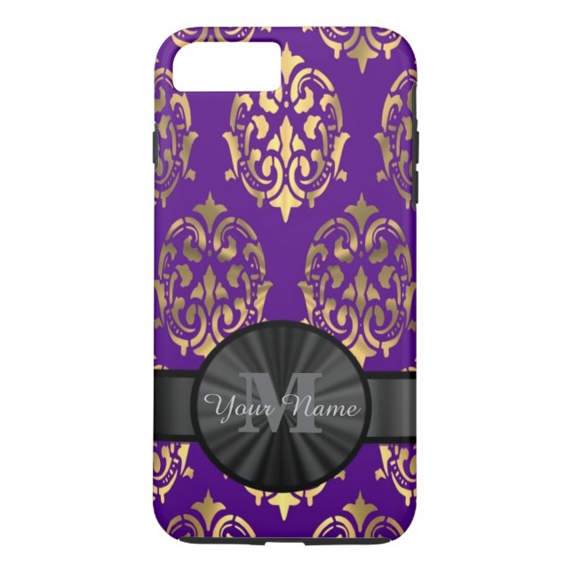 Purple damask and gold personalised monogram Case-Mate iPhone case (Back)