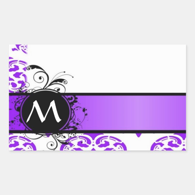 Purple damask and monogram rectangular sticker (Front)