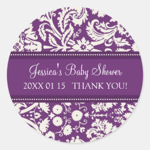 Purple Damask Baby Shower Favour Stickers