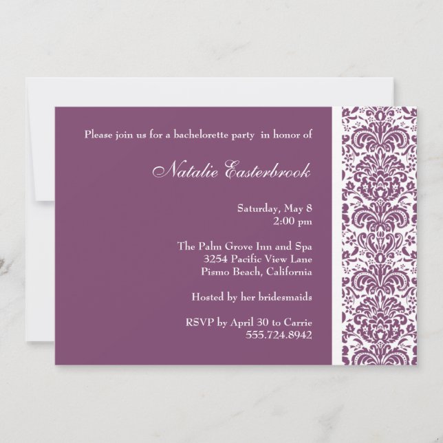 Purple Damask Bachelorette Party Invitation (Front)