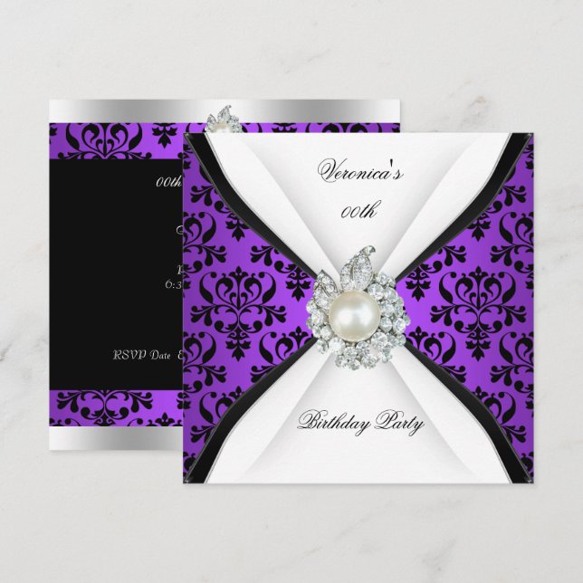 Purple Damask Black White Pearl Diamond Birthday Invitation (Front/Back)