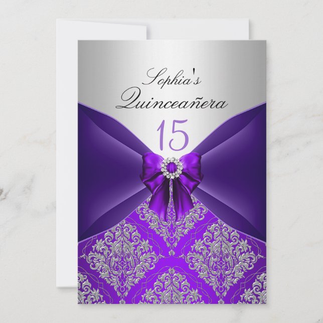 Purple Damask & Bow Quinceanera Announcements (Front)